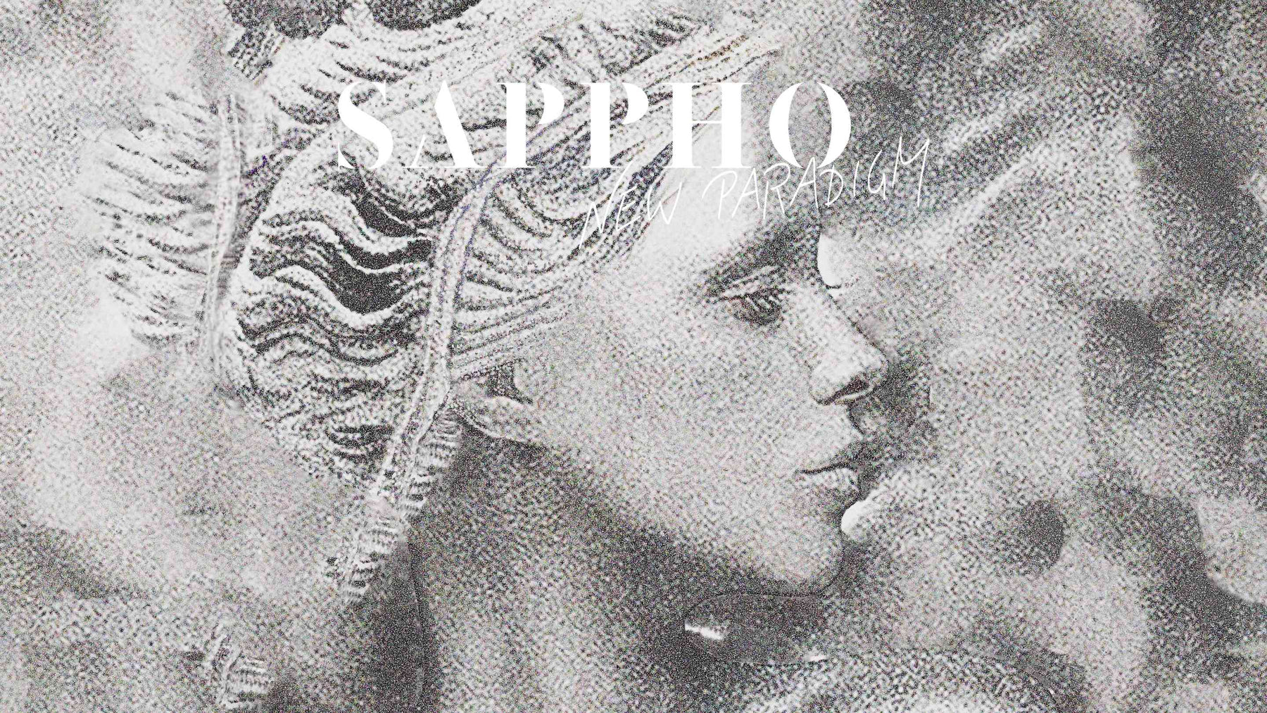 Original rendition of a model covered in silver bioglitter reminiscent of a bust of poet Sappho, on a similarly textured background with a big SAPPHO New Paradigm logo in white 